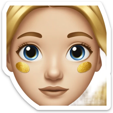 white girl with freackles hair of a brunett blue eyed girl using Gold gel skin care patches under her eyes sticker