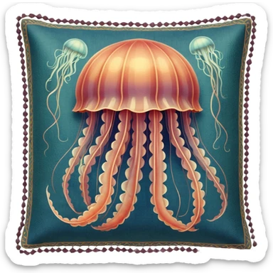 a beautiful jellyfish with a medieval design, tapestry style, woven texture, muted colors, historic medieval illustration sticker