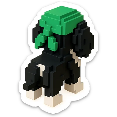 A black and white Russian Cocker Spaniel puppy wearing a green durag, facing backward sticker