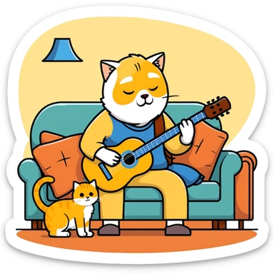  old blind man playing guitar  on the couch with his golden cat  sticker