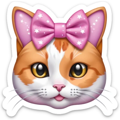 Calico cat with a pink bow on its head and silver sparkles surrounding it sticker