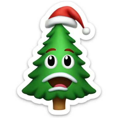 Christmas tree with a face wearing a red Santa hat sticker