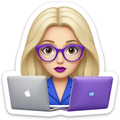 donna bella, occhi azzurri con occhiali, capelli medi, lisci e biondi, lavora al pc. Labbra color malva chiaro sticker