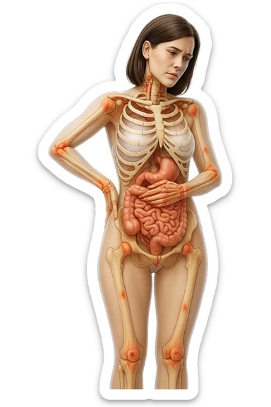 donna realistica a figura intera con red spot sparsi alle ossa, ossa del corpo visibili sul corpo, non sul volto iperrealistico 4k sticker