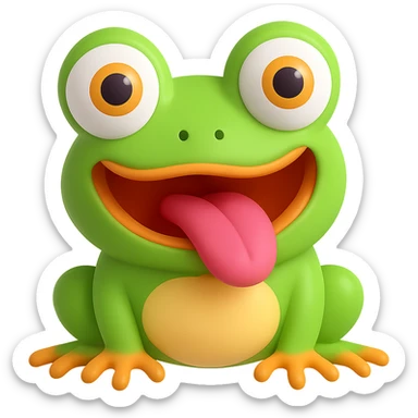 Make the derpy frog with big cute eyes even derpier, exaggerate the silly expression, in 3d emoji style with no background. sticker