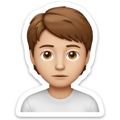 face emoji inspired by a person with short tousled brown hair, neutral expression, light skin, wearing a white shirt sticker