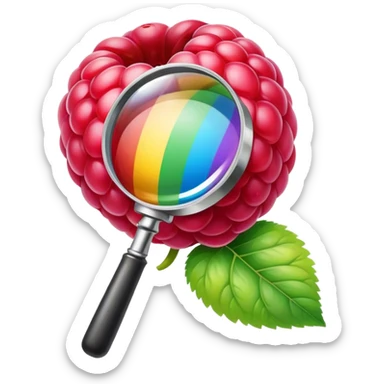 a raspberry holds an rainbow colored magnifier sticker