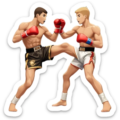 An icon showcasing a high-energy kickboxing match. Two fighters in action, one delivering a powerful roundhouse kick while the other defends with gloves raised. The background features a professional ring with bright lights and a cheering crowd. Transparent background. sticker