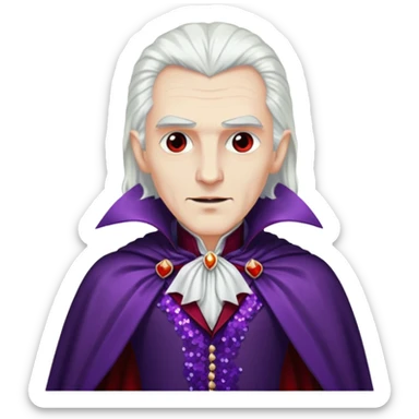 Dracula with long white hair, dark purple sequin suit, dark red sequin cape sticker