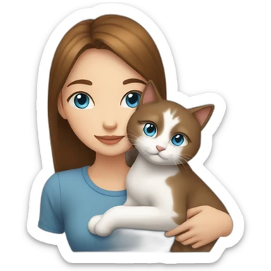 light gray, blue eyed cat cuddles brown highlighted colored girl sticker