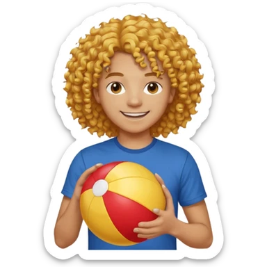 una persona de 18 años marron clarito con el pelo amrillo rizado con una camiseta roja y azul con un logo circular dorado y levantando un balon de playa sticker