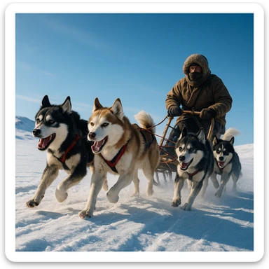 A sled dog team pulling a traveler across the Arctic tundra, dynamic action, crisp cold atmosphere sticker