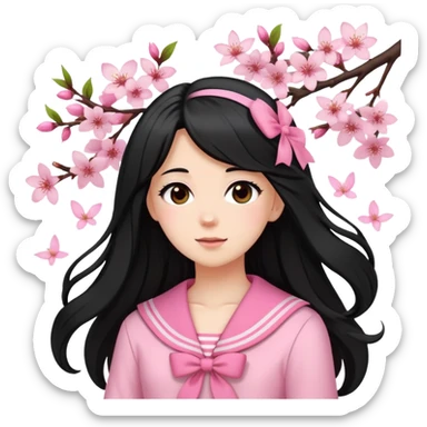  A white girl with a Black long hair, and a Pink sailor suit, enjoying the spring breeze，Wearing cherry blossoms on your hair sticker