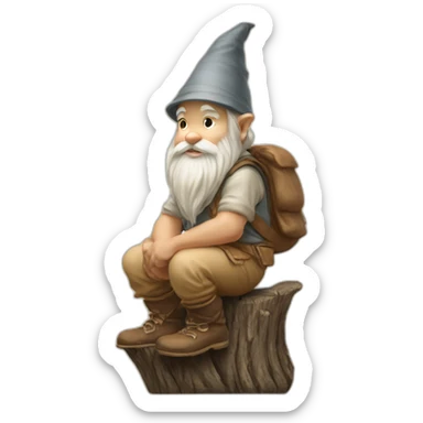 side view of gnome with light tan pants squatting on top of tiny brown log sticker
