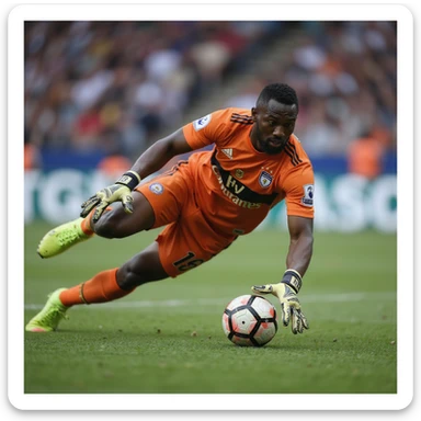 realistic style action pose of André Onana, football goalkeeper, diving to save a ball, wearing a goalkeeper kit, short hair, dark skin, stadium background sticker