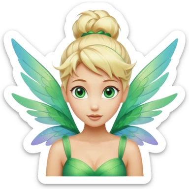 Isolated, rendering, modern Tinkerbell wuth futuristic iridescent color wings, flying above fluffy white clouds, blonde beautiful hair in messy bun,  emerald green eyes, still life, vivid colors sticker