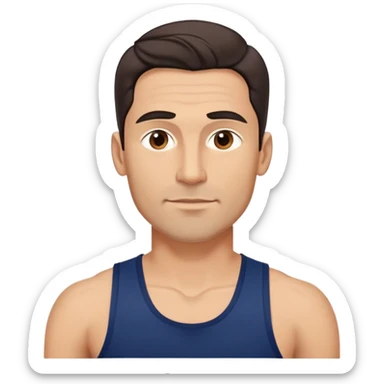 Youthful-looking athletic 40-year-old man with light brown skin, elongated face, defined jawline, attractive features, medium dark eyes, arched eyebrows, straight nose, confident expression, medium wavy dark hair with modern style, wearing a navy blue tank top sticker