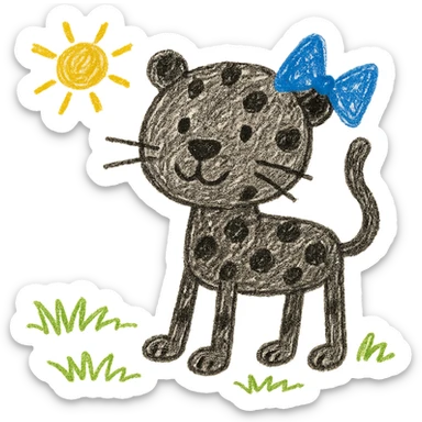 black panther with spots and a blue bow on its ear, illustration style sticker