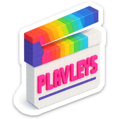 voxel style movie clapperboard, white body, rainbow striped lid, pink text 'PLAVLEYS', isometric view sticker