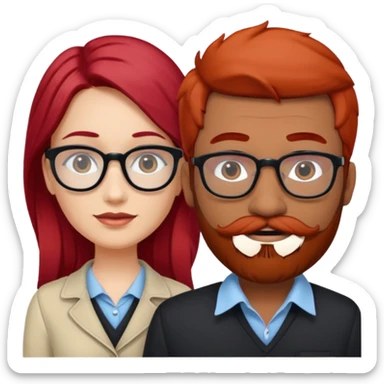 White red hair girl without glasses and brown indian guy with moustache and beard with glasses black hair  sticker
