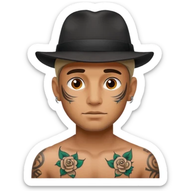 tattooed man, hat sticker