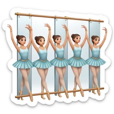 Icon for Choreography: a group of dancers in identical poses, standing by a wall with all wall long mirror, holding a long barre with one hand. The icon should capture the discipline and synchronized movement of dance training. Transparent background. sticker