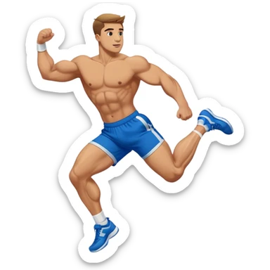 buff guy blue shorts double-leg-jump gym side-view sticker