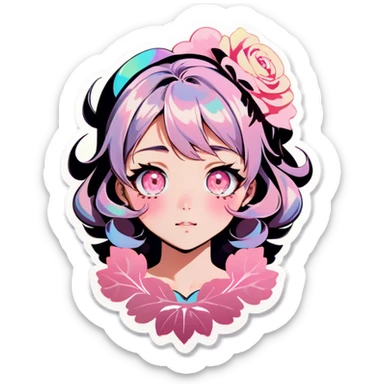 Gorgeous pastel shiny pearly colorful anime style lady with blushing face and roses leaves shiny aesthetic trending style sticker