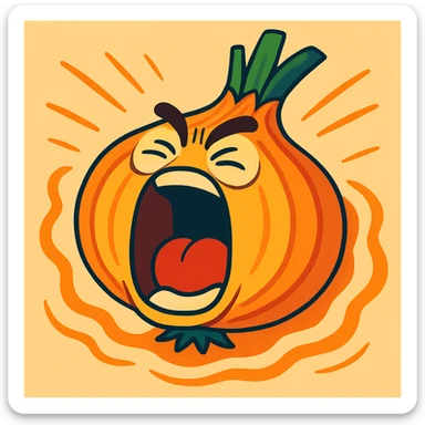 humorous image of an onion with a face, screaming at the top of its lungs, layers ripple outward as it yells, colorful and playful sticker