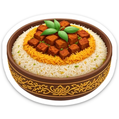 Cinematic Realistic Biryani Dish Emoji, depicted as aromatic basmati rice layered with spiced meat and herbs rendered with vibrant textures and warm, inviting lighting. sticker