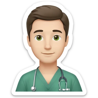 a male doctor with green scrubs, little smile sticker
