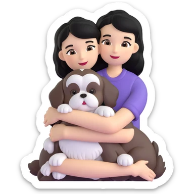 A girl with black hair hugging a Shih Tzu dog sticker