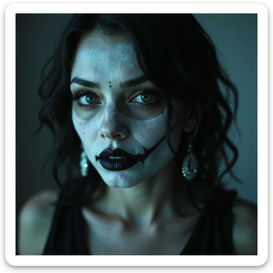 realistic horror portrait of a beautiful woman with ghostly glow, sharp features, dark lipstick, gothic earrings, supernatural horror sticker