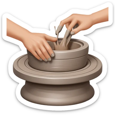 hands pressing clay sidewalls down onto a silver pottery wheel with fingers and thumbs to attach it sticker
