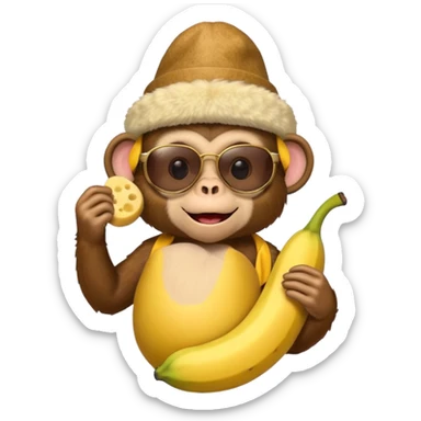 A monkey with sunglasses and a banana with a hat made out of cheese sticker