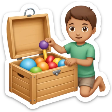 child putting toys back into a toy box, cheerful and responsible sticker