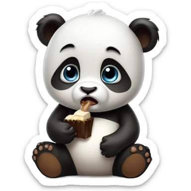 Sad baby panda eating chocolate sticker
