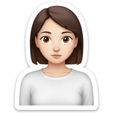 A woman with a round face, pale, light skin, big round nose, cute doe eyes, a white long sleeve shirt with a square shape cut in the t shirt near the neck area, and dark brown hair and brown eyes sticker