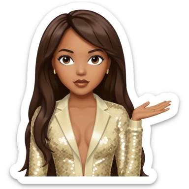 LeToya Luckett from Destiny's Child with long dark brown hair, cream sequin outfit sticker