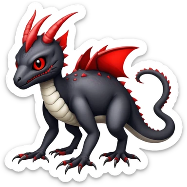 a white exotic edgy vernid-fionbr-Fakémon-creature, with black belly and red eyes, full body sticker