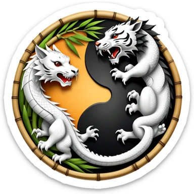An icon symbolizing Eastern martial arts in the style of an emblem, featuring a black-and-white Yin-Yang symbol, a dragon, and a tiger. The dragon and tiger represent strength and agility, surrounding the symbol. Traditional elements like bamboo add to the design. Transparent background. sticker