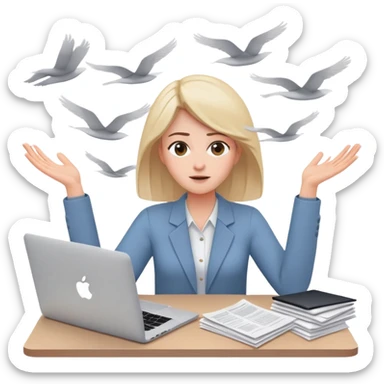 tired woman sitting at a desk with a MacBook, holding her arms out to the side, surrounded by lots of flying papers sticker