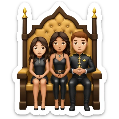 Tan skin with freckles, long dark hair, hazel eyes Dominatrix sitting on a throne. Man kneeling and worshipping at her feet.  sticker