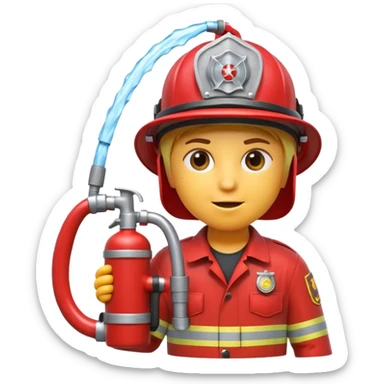 A 3D Apple-style emoji character dressed as a firefighter in a bright red uniform and helmet, holding a fire hose spraying water forward, determined expression with cartoonish eyes, water splashing effect, clean minimal background sticker
