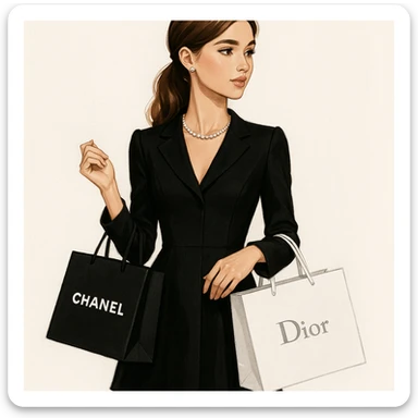 A respectable girl holding shopping bags from Chanel and Dior, elegant and stylish, modern fashion illustration. sticker