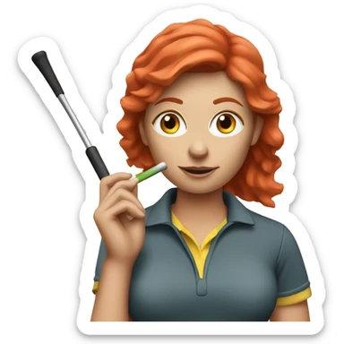 a female golf coach with red hair holding a whistle sticker