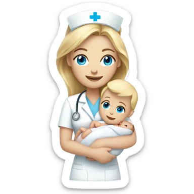Nurse with straight blonde hair and blue eyes holding newborn baby sticker