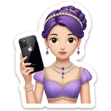 Make a girl standing in mirror in lavender lengha holding a iphone 16 pro max make her hair tie back side and a white pearl necklace  sticker