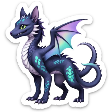 Kawaii black pastel iridescent beautiful pretty elegant divine edgy fantasy feline-vernid-sergal-Haku-dragon-fursona animal creature, full body with intricate markings  sticker