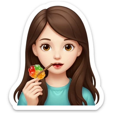 beautiful pale brunette girl with long hair eating a stick of jelly sticker